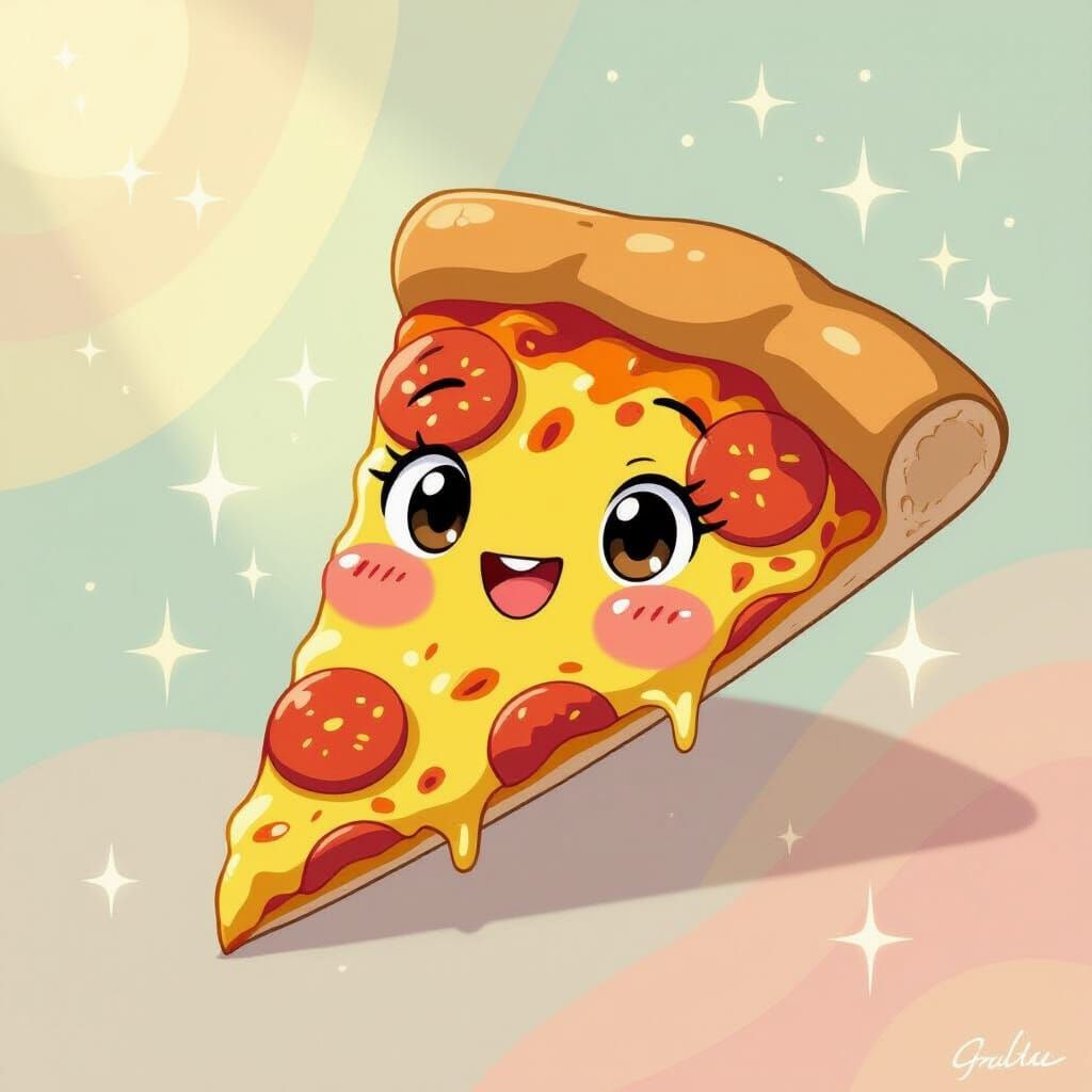 Cute Smiling Pizza Slice in Ghibli Anime Style