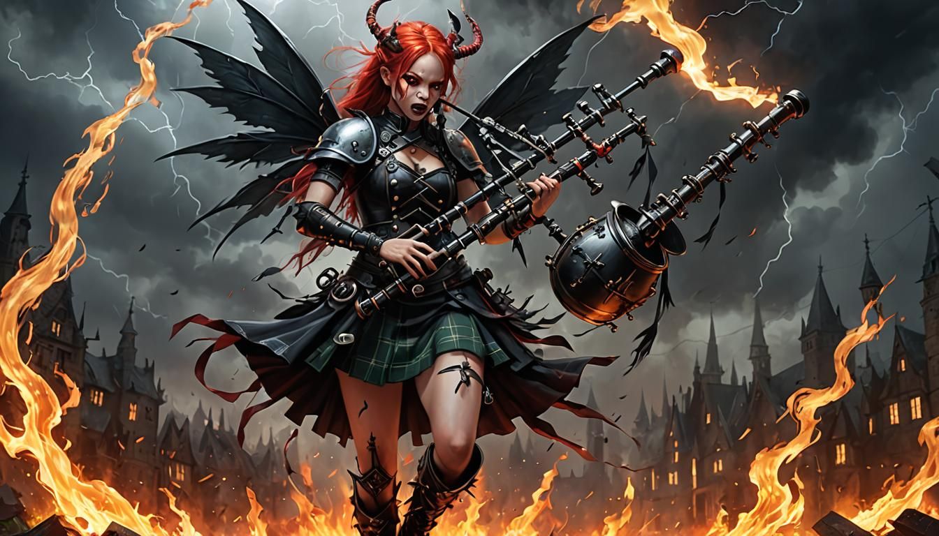 Death Metal Fairy with Bagpipes in Lightning Storm
