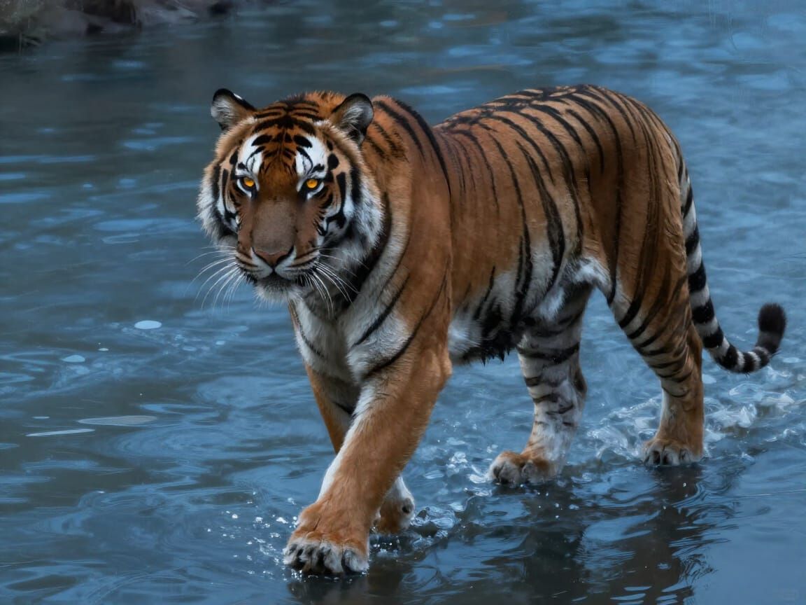 Majestic Tiger Crossing River in Digital Painting Style
