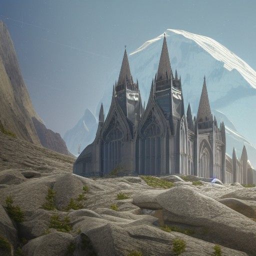 Futuristic Silver Cathedral Near Mountain: Matte Painting