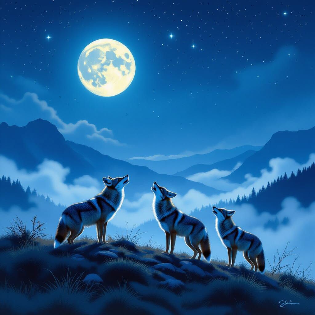 Coyotes Howling on Moonlit Hill in Atmospheric Style