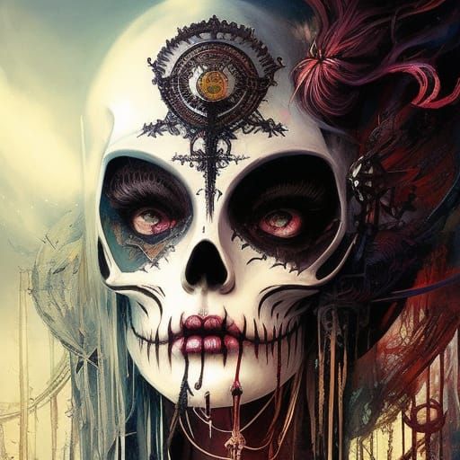 Medieval Flower Skull in Cartoon Art Style