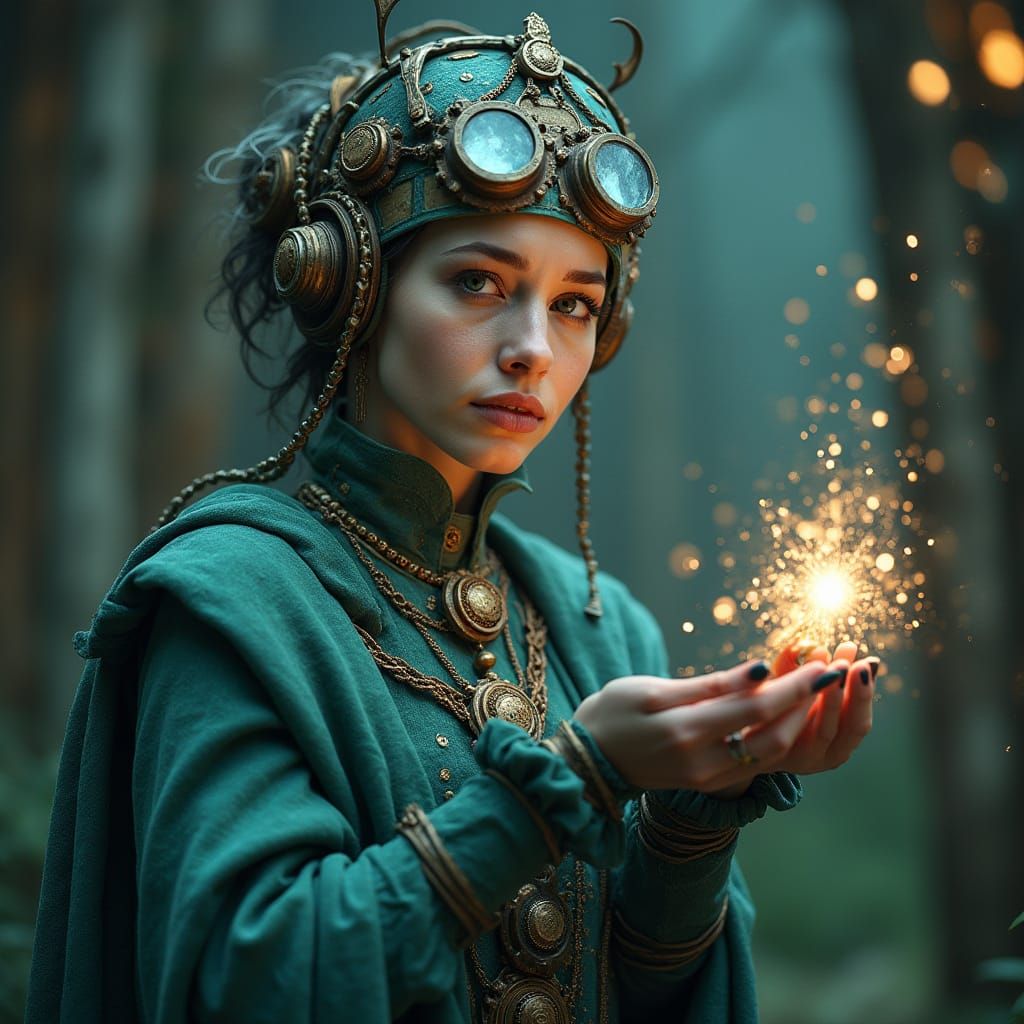 Steampunk Woman Practicing Quantum Astrology in Silver Tones