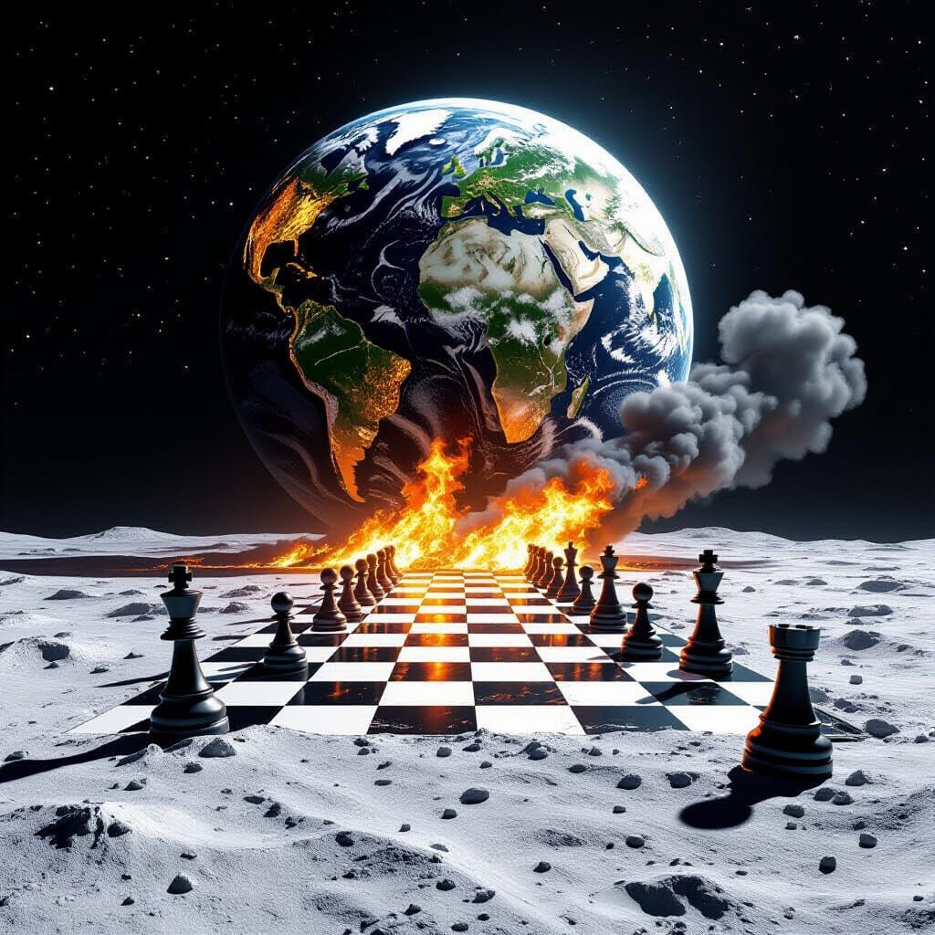 Cosmic Chessboard Earth Over Moon Surface