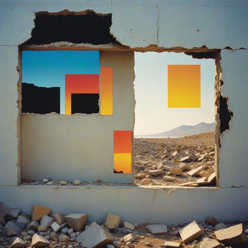 Surreal Landscape Collage with Glitch and Reflection Effects