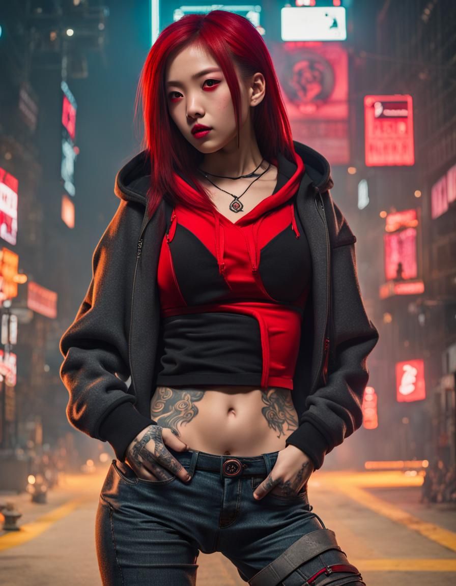 Cyberpunk Asian Teen with Tattoos and Neon Style