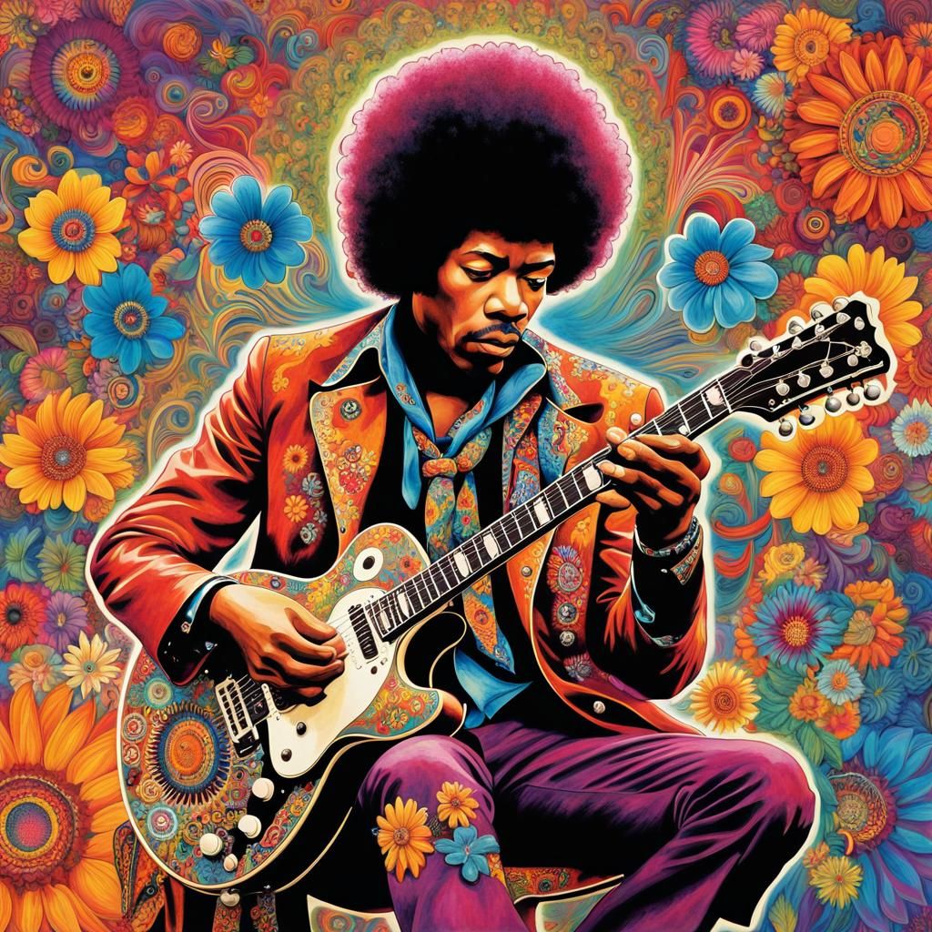 Jimi Hendrix in Psychedelic Mixed Media Art