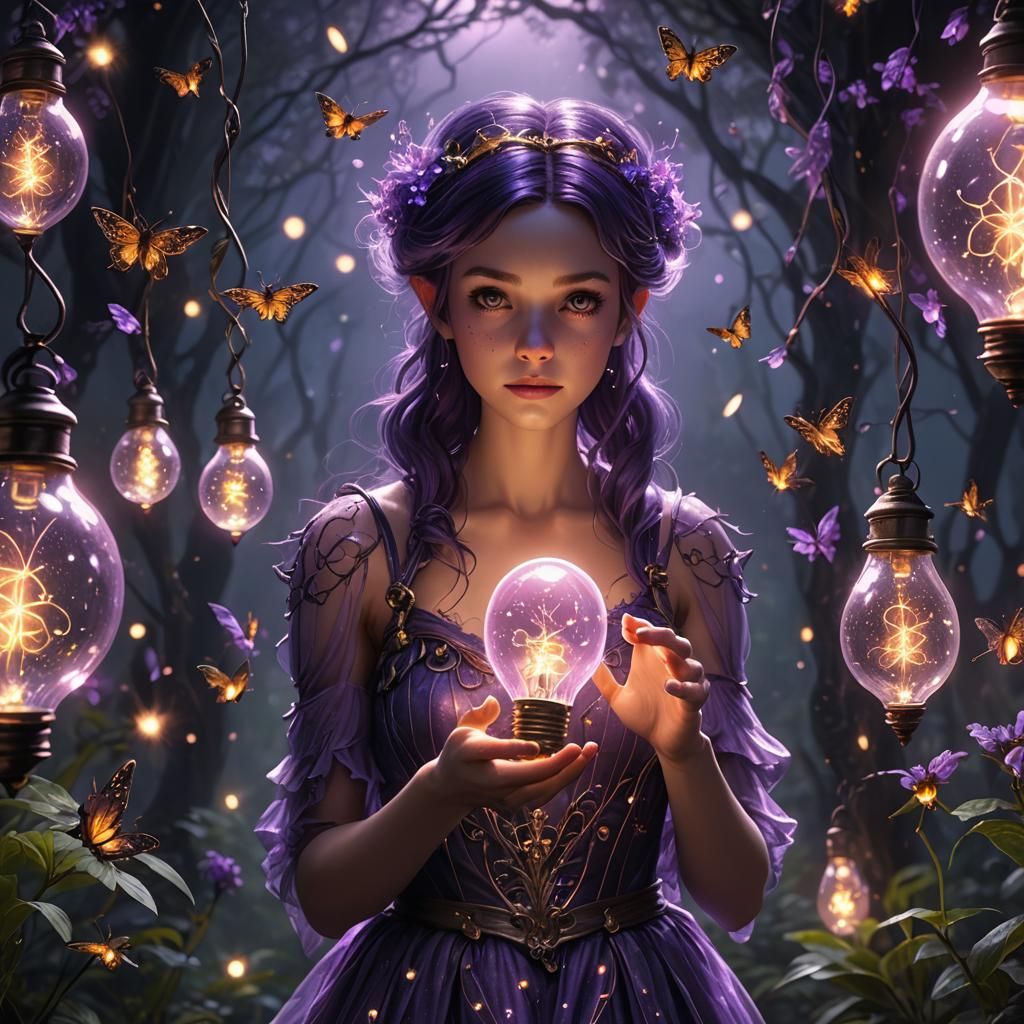 Purple Fairy with Firefly Lightbulb: Fantasy Art