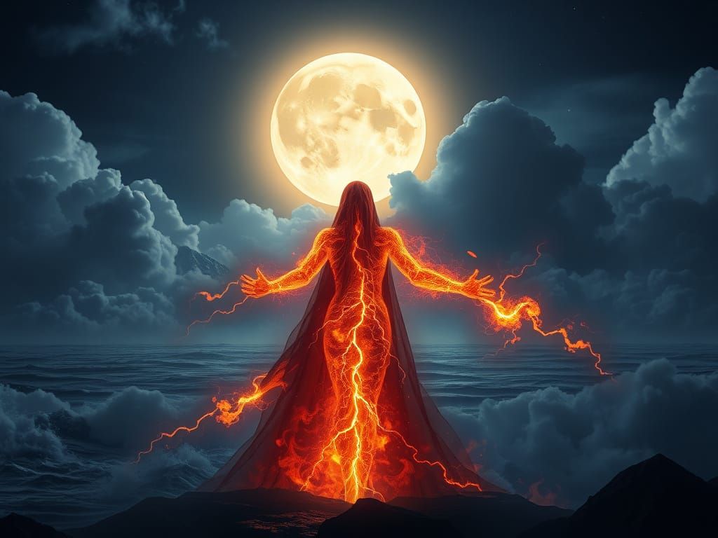 Mystical Cyberpunk Figure Under a Giant Moon