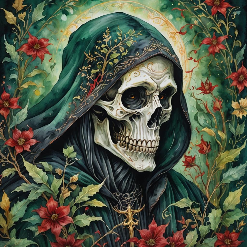Elegant Grim Reaper Portrait in Gothic Watercolor Style
