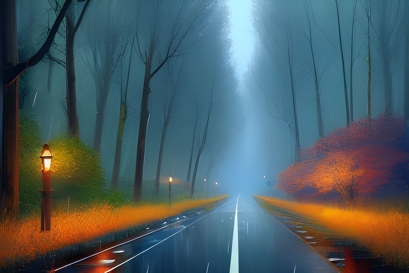 Rainy Road Reflections: Digital Art Masterpiece