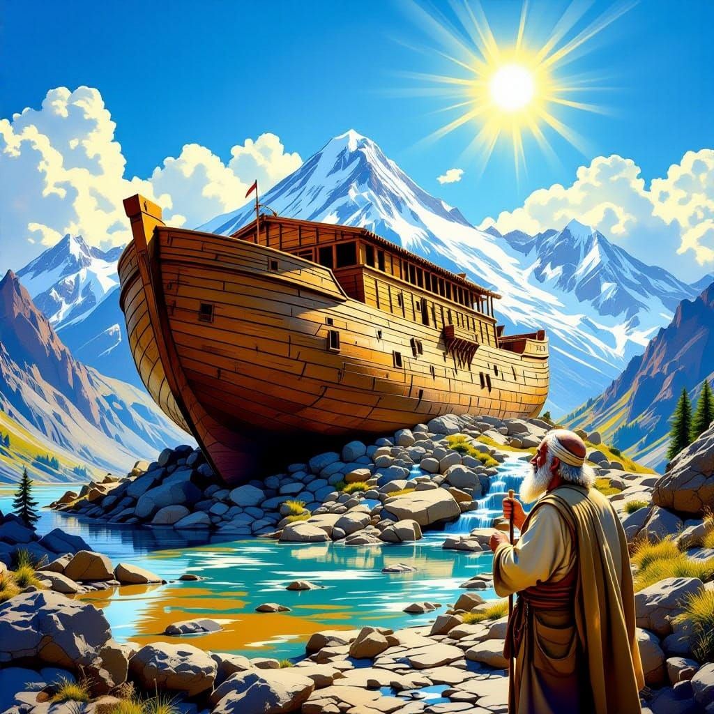 Vibrant Biblical Scene of Noah's Ark on Mount Ararat
