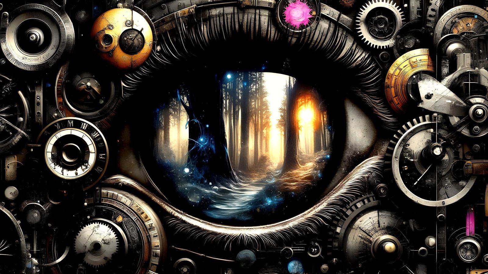 Mechanical Eye Reflecting Forest In Ethereal Light