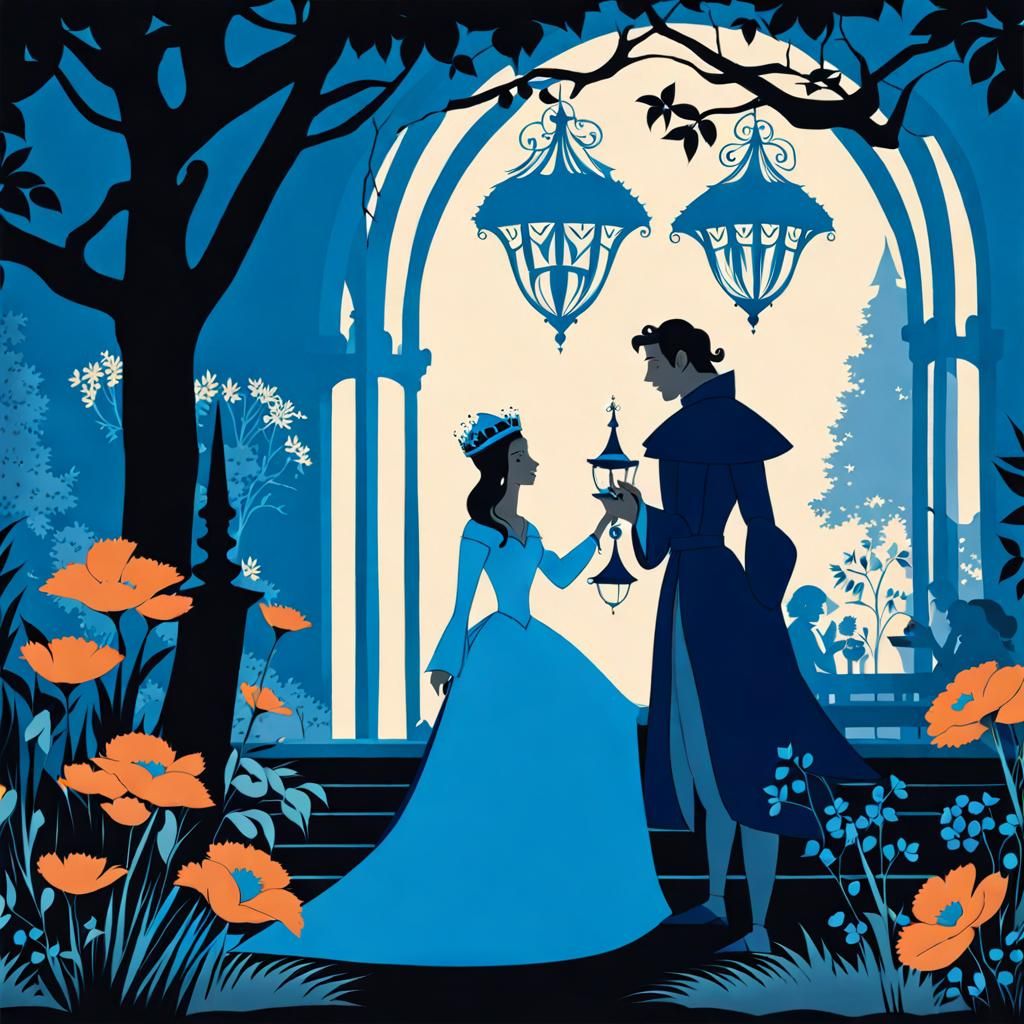 Medieval Princess and Beau in Garden, Lotte Reiniger Style