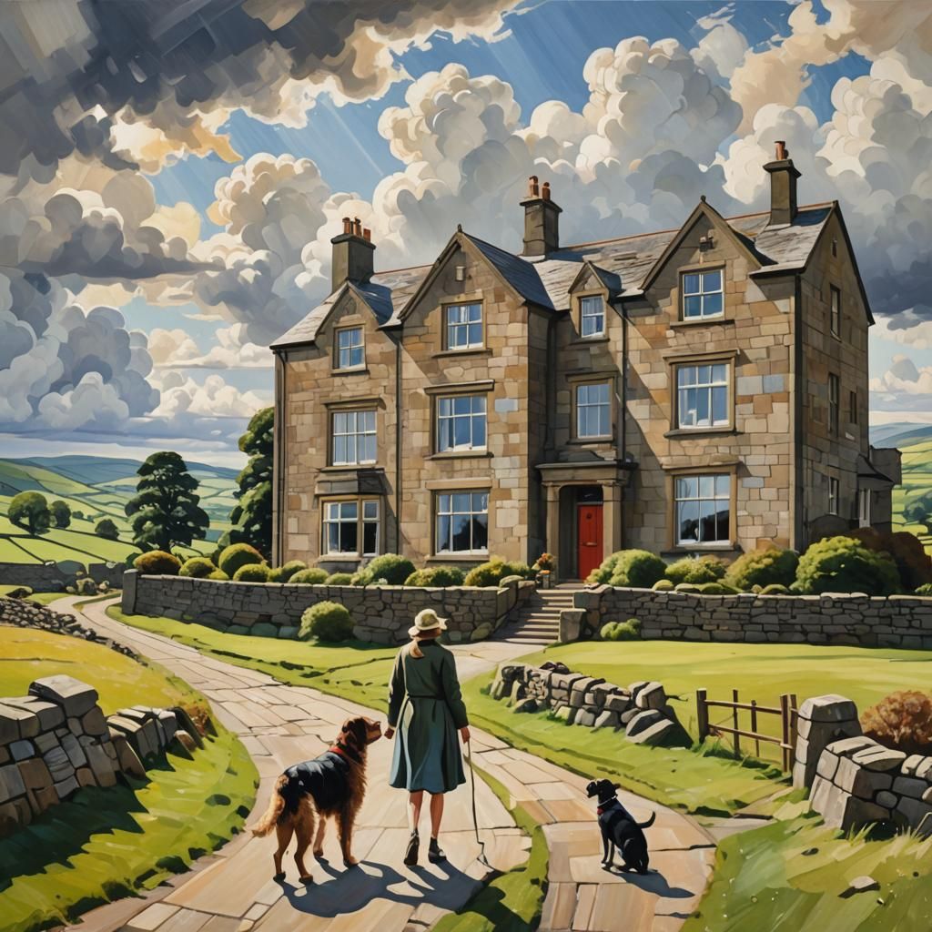 Cubist Yorkshire Dales House with Woman and Dog