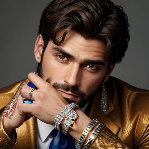 Handsome Man with Diamond Rings in Realistic Style