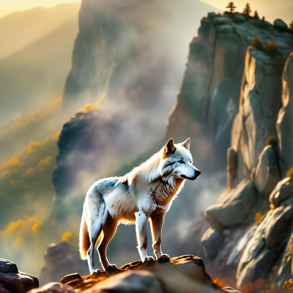 Lonely White Wolf Howling on Rocky Cliff