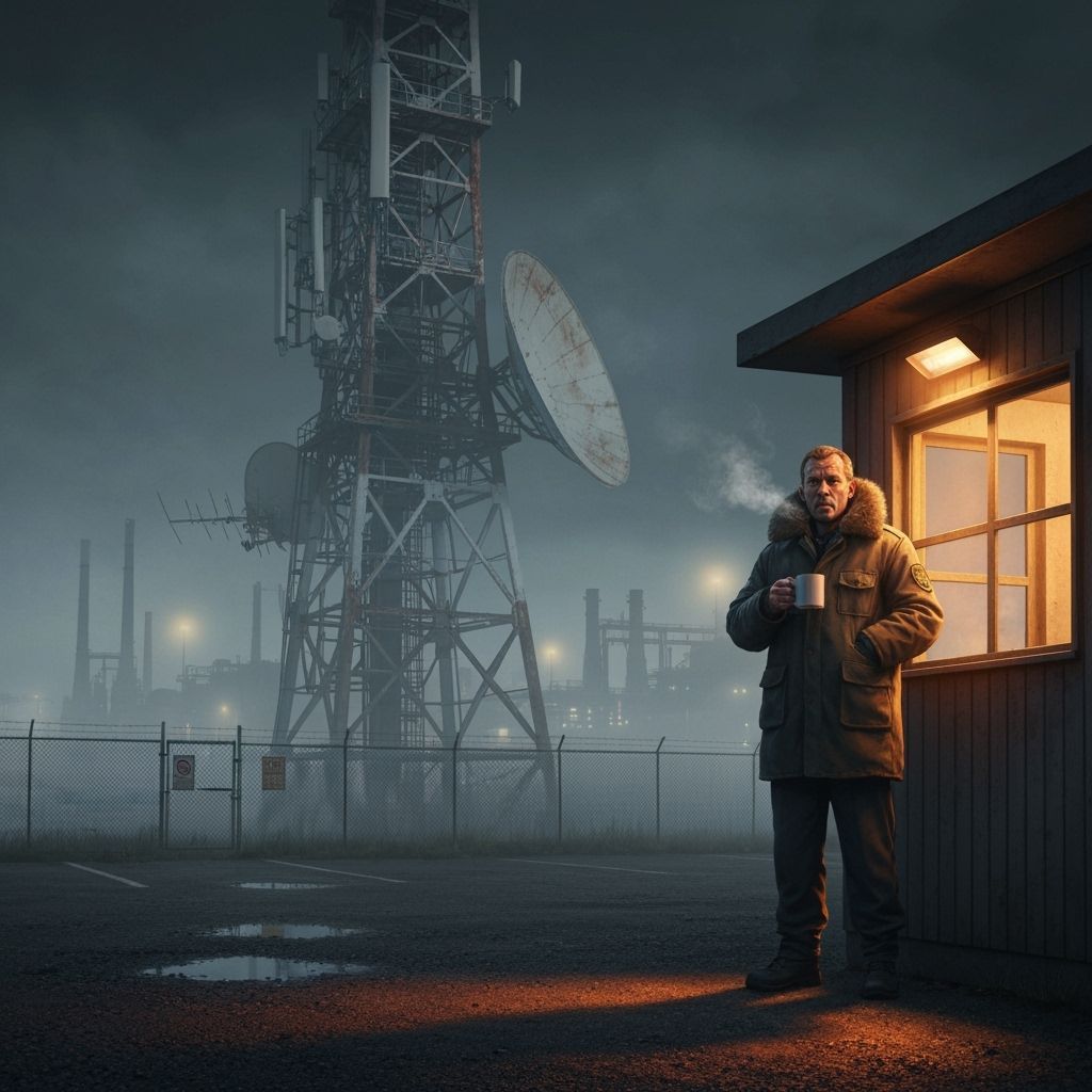 Tired Guard in Retro-Futuristic Night Scene