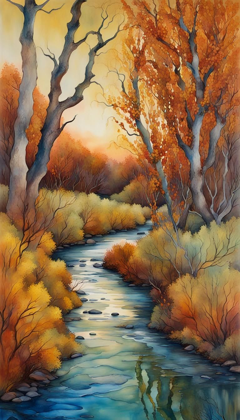 meticulous alcohol ink landscape painting of a cottonwood wi...