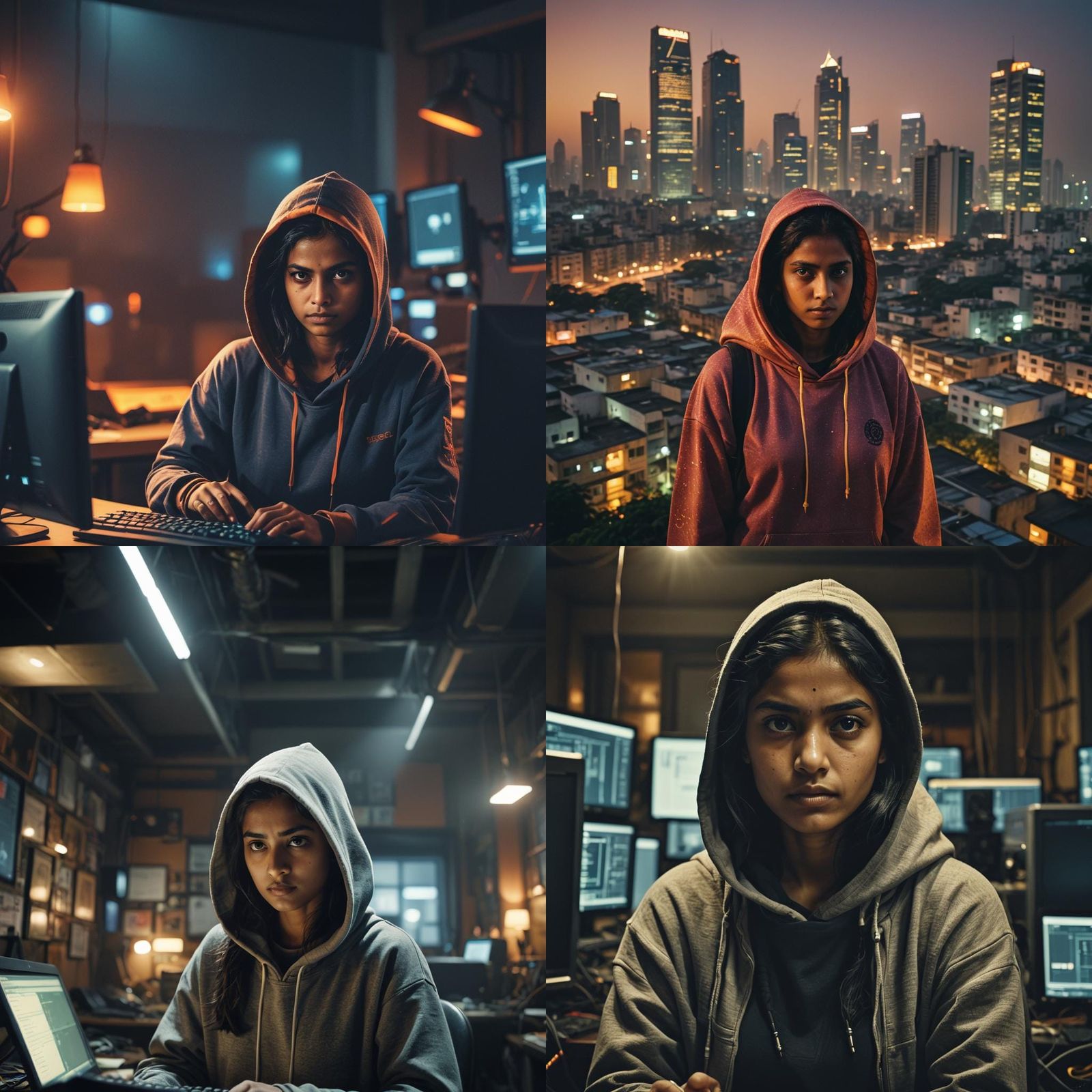 Indian Hacker in Hoodie: Cinematic Film Still
