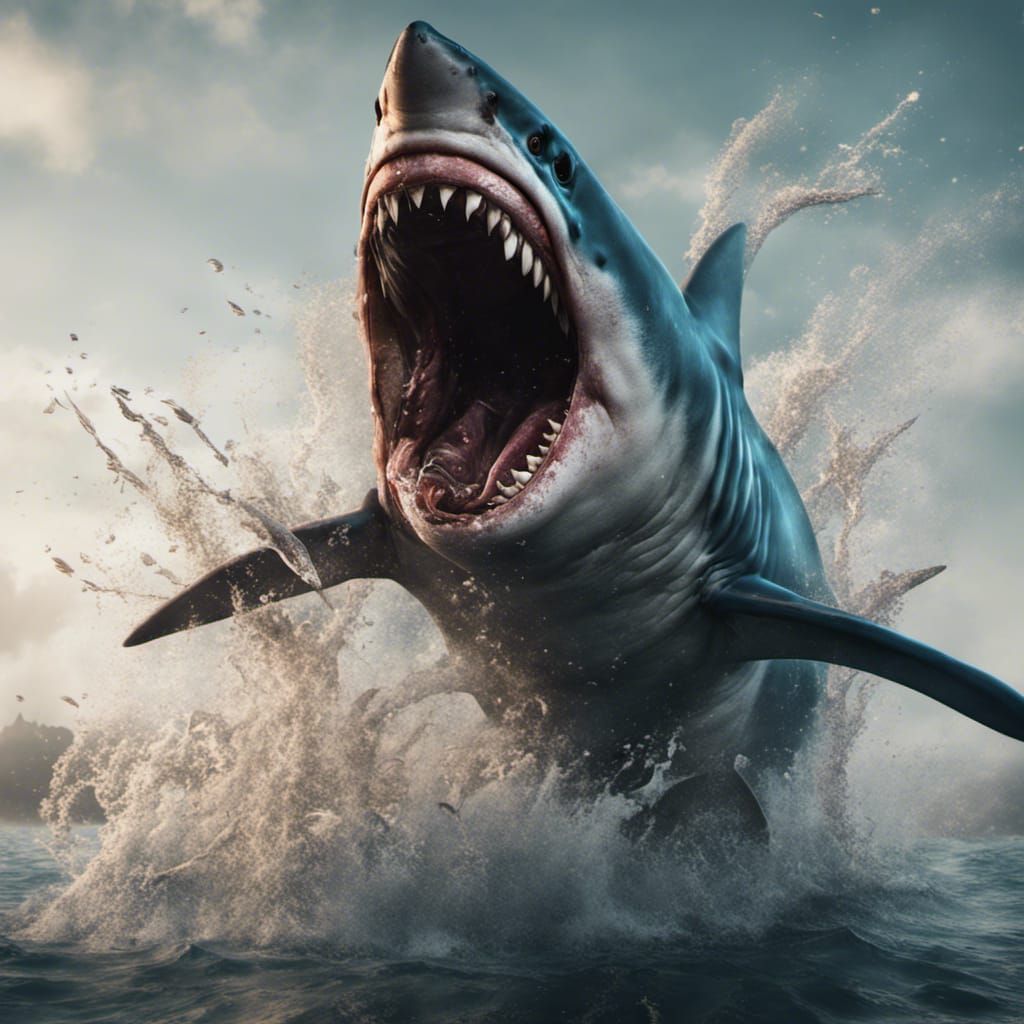 Giant Shark Emerges from Water: Detailed Matte Painting