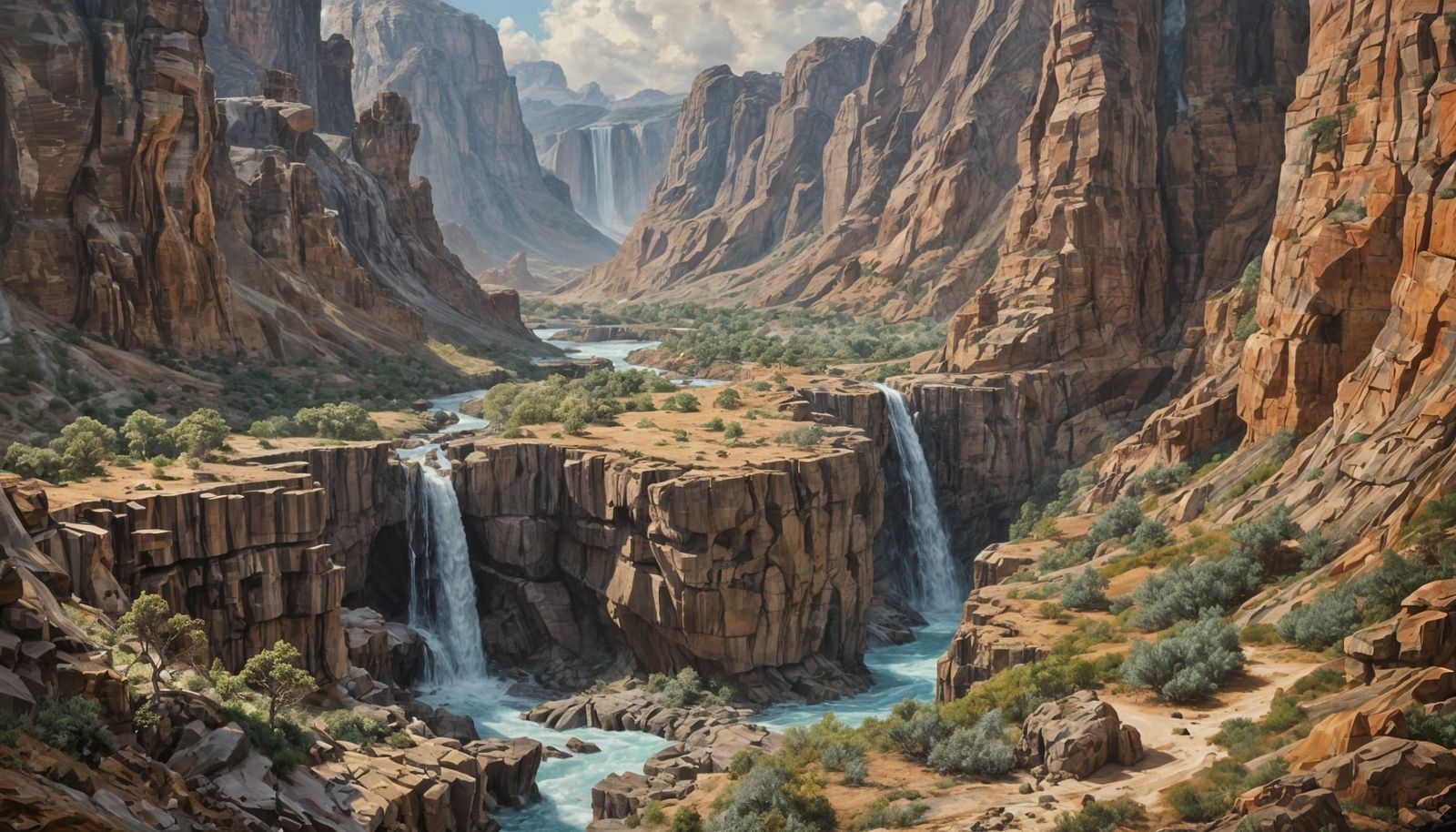Canyon Landscape with Waterfall: Futuristic Oil Painting