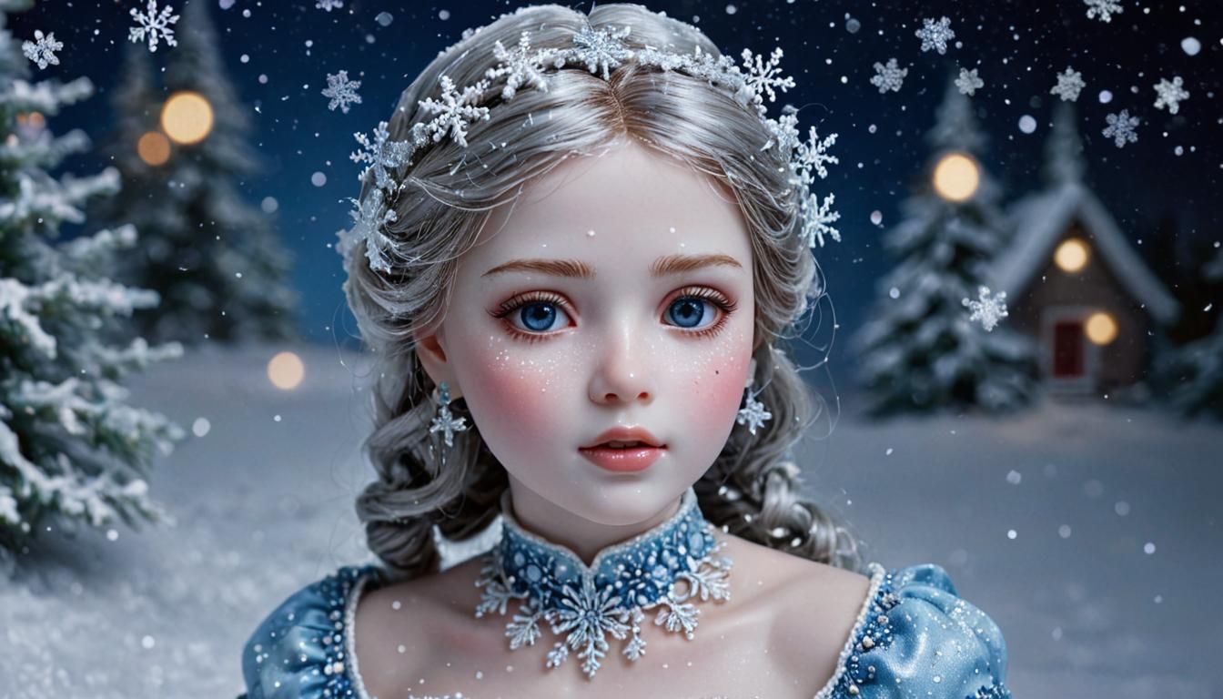 Glass Doll Portrait in Sparkling Snow Scene