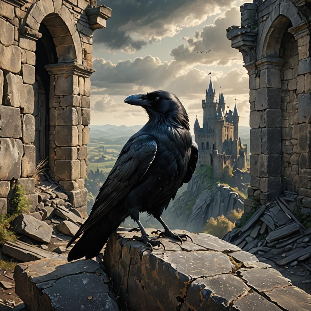 Crow on Castle Rock in Hyper-Realistic Digital Art