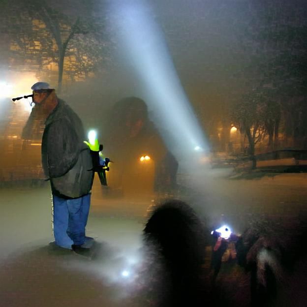 Man with Flashlight in Dense Fog
