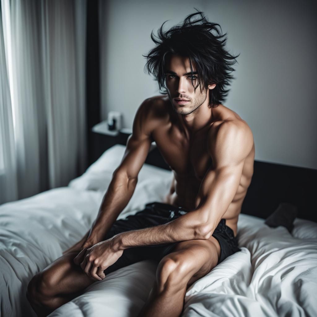 Attractive Man with Messy Hair Lounging on Bed