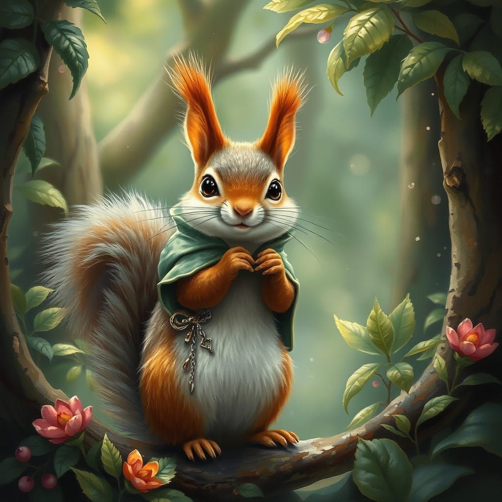 Squirrel in Enchanted Forest, Impressionist Gouache Painting