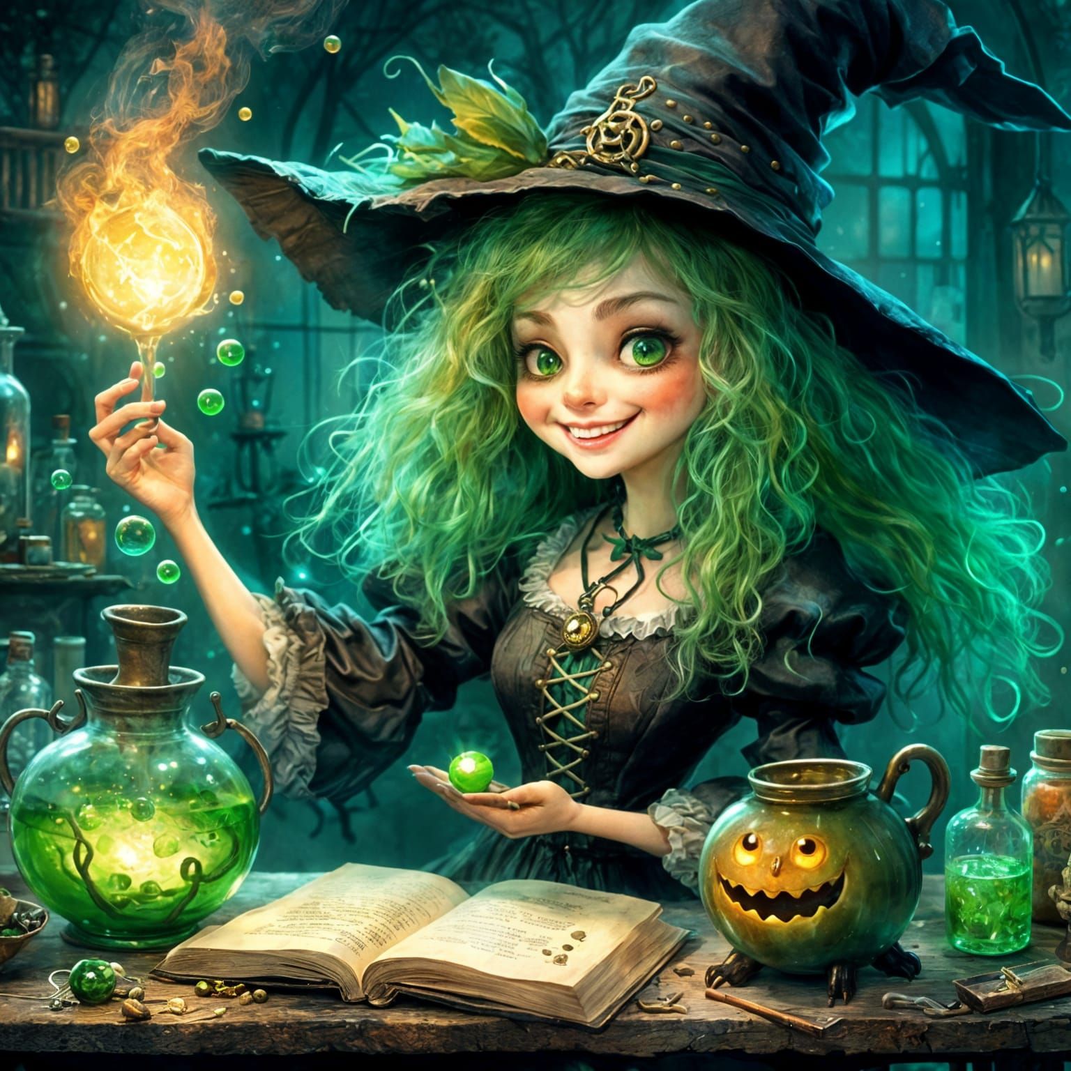 Friendly Witch with Bubbling Potion in Fairytale Style