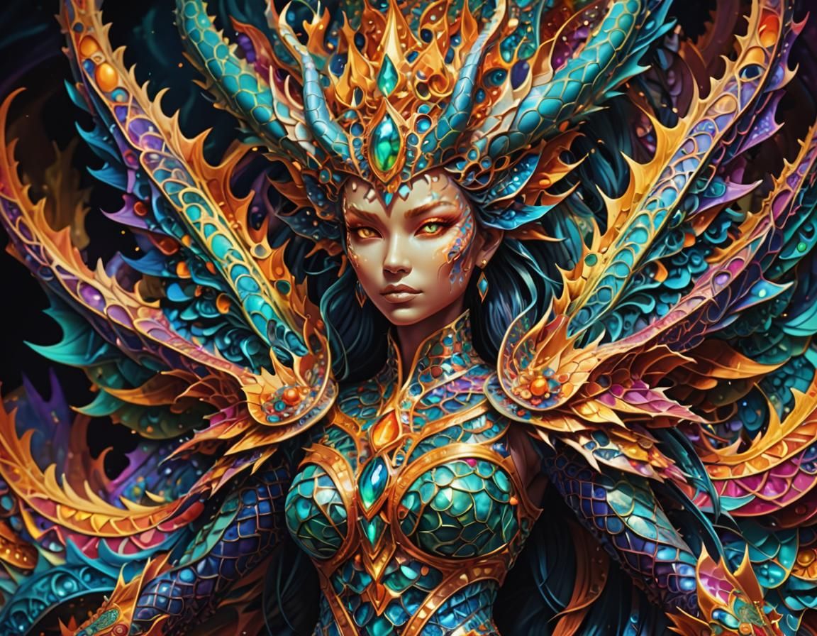 Majestic Dragon Queen on Throne in Fractal Abstract