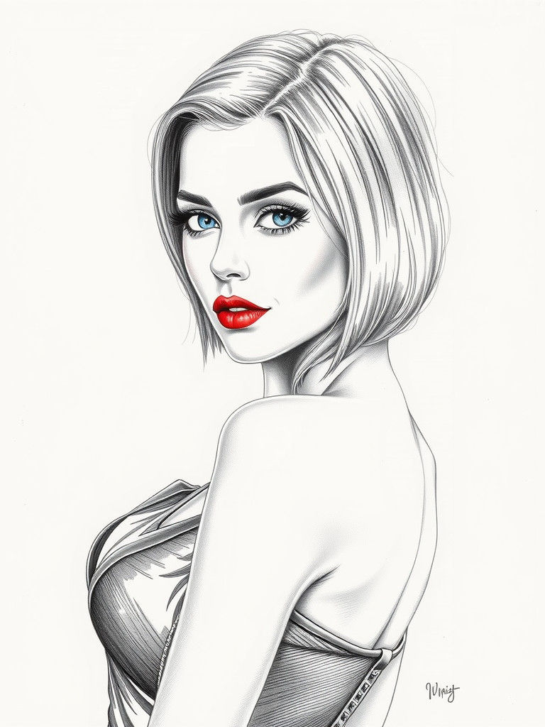 Elegant Woman in Cross-Hatching Pencil Drawing