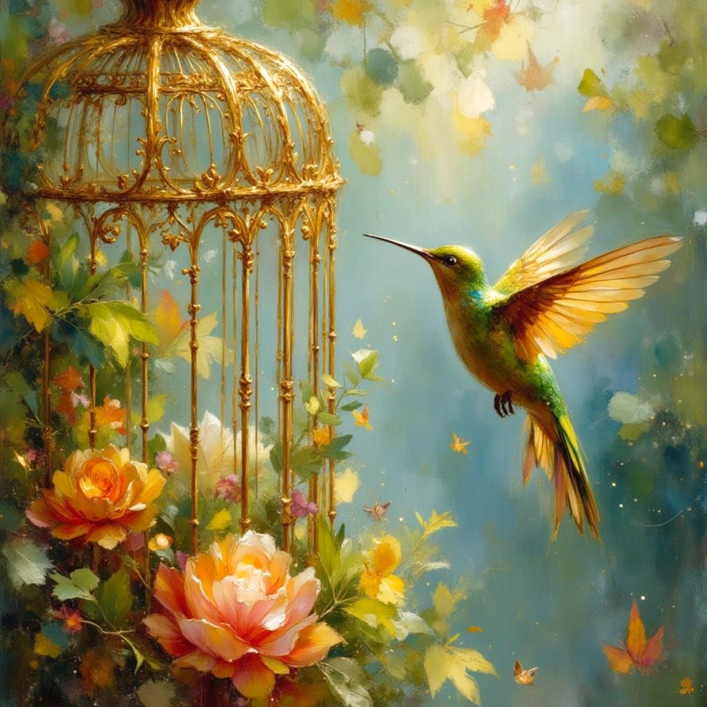 Hummingbirds Escape Ornate Cage in Dreamy Spattered Painting