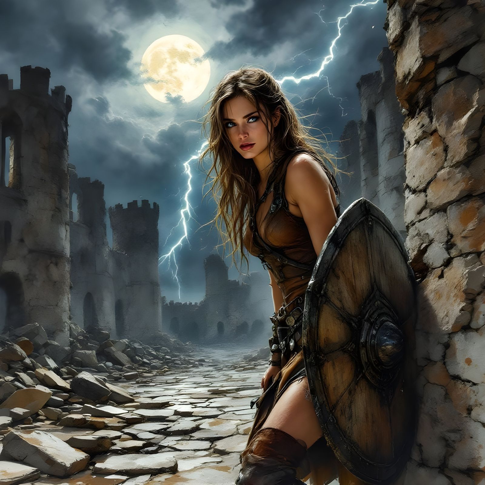 Norse Goddess in Castle Ruins, Watercolor Portrait