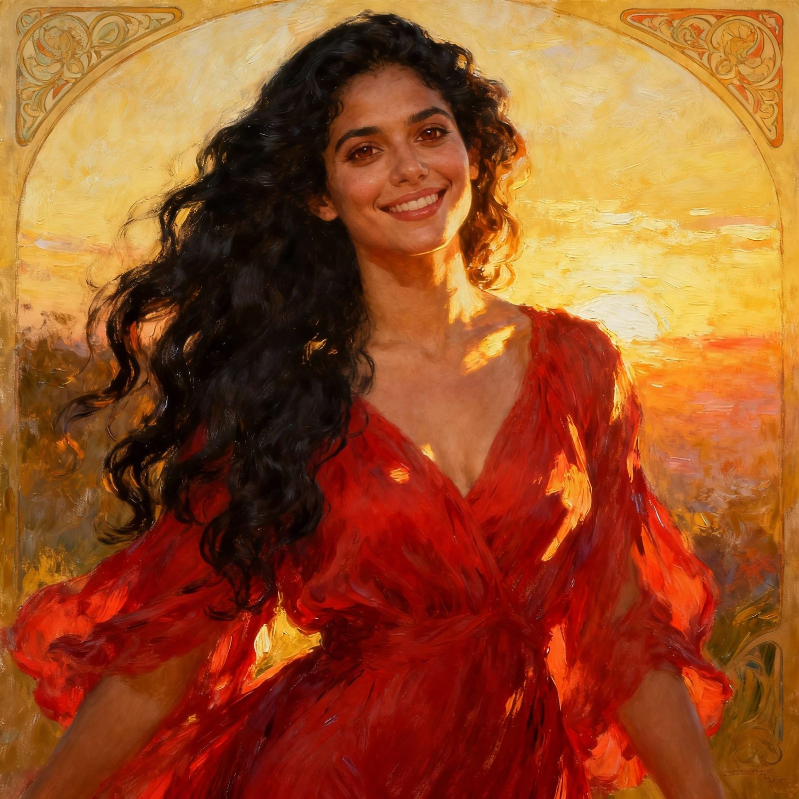 Hyper-Realistic Oil Painting of a Stunning Woman in Red