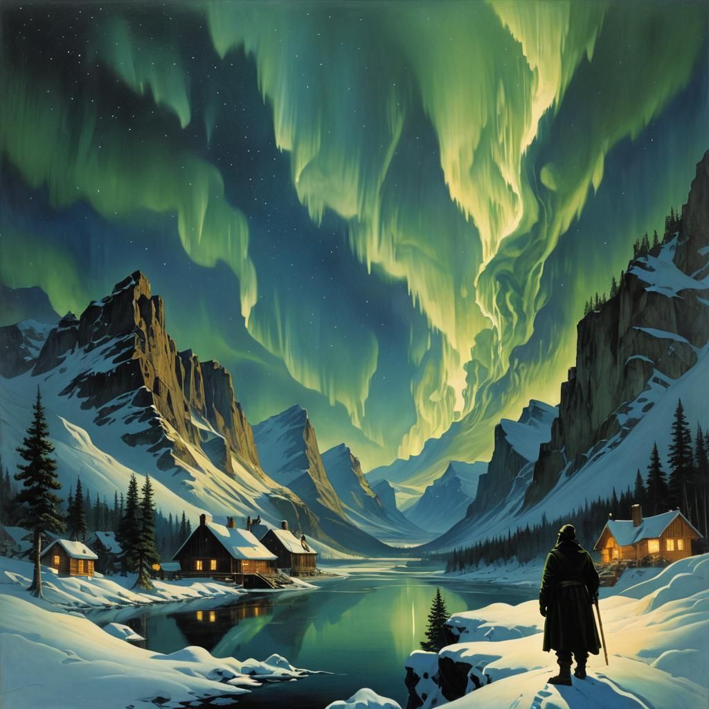 Northern Lights Painting in Golden Age Illustration Style