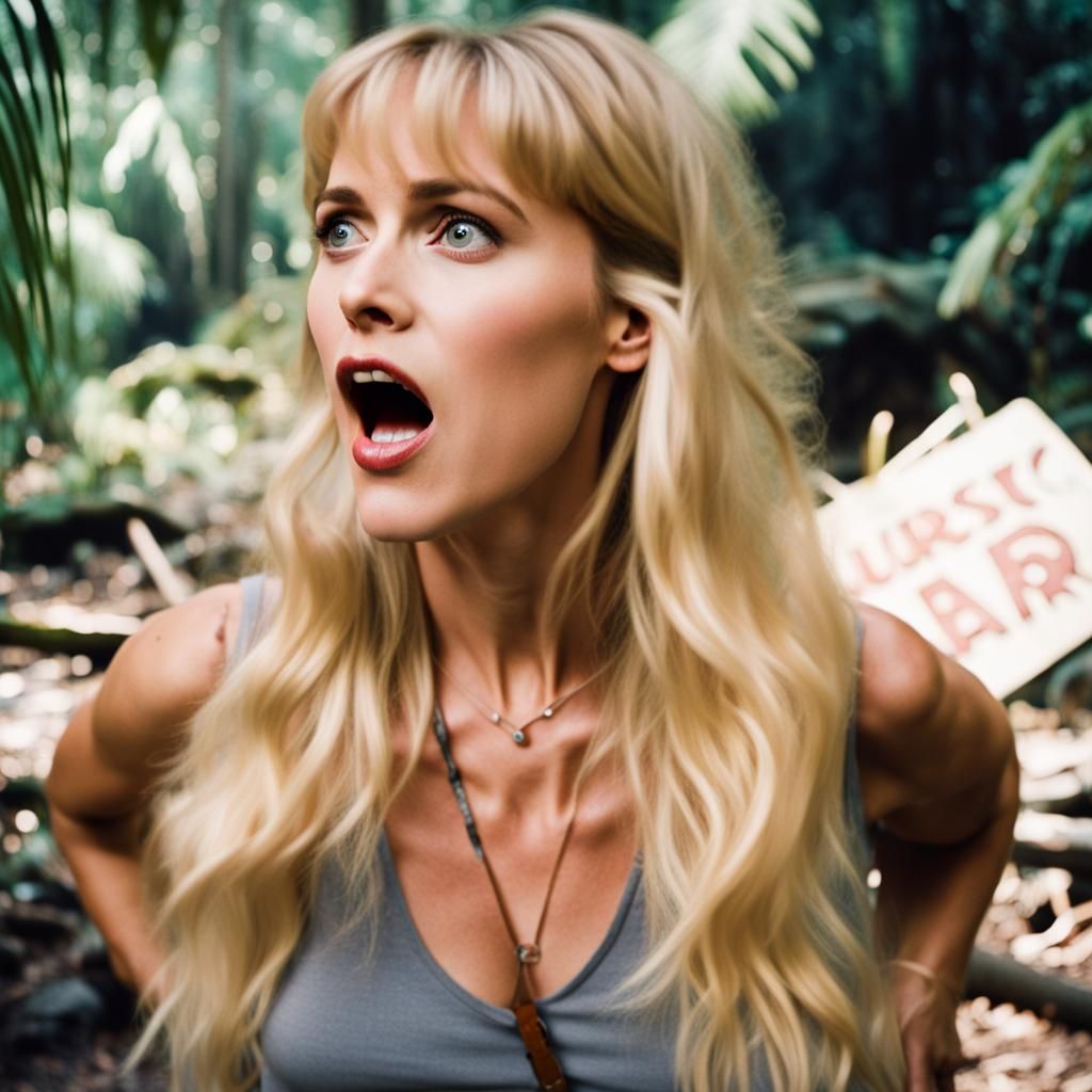 Surprised Woman in Tropical Forest with Jurassic Park Sign