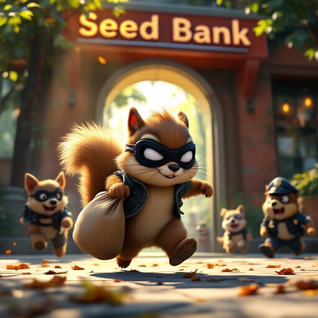 Chibi Squirrel's Seed Bank Heist in Oil Realism