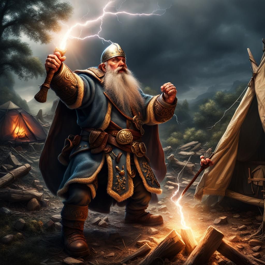 A dwarf cleric scaring off something unseen.