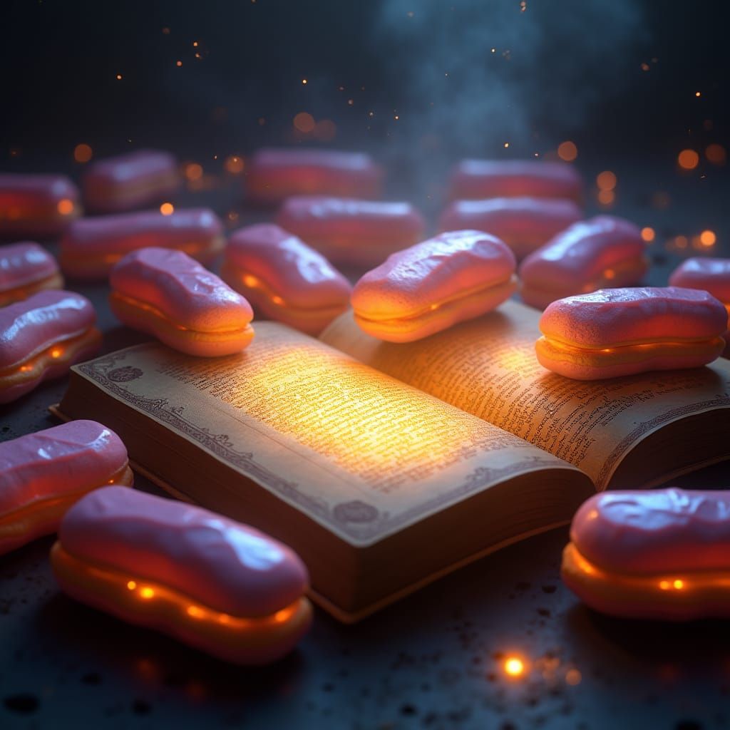 Eclairs Study Ancient Tome in Fantasy Art Style