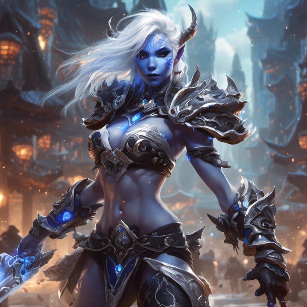 Hyperrealistic Asian Draenei Warrior in Crystal City