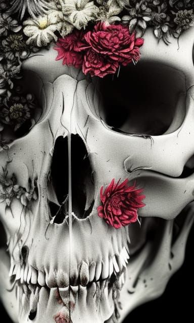 Floral Skull Close-Up: Eerie Wet Brush Painting