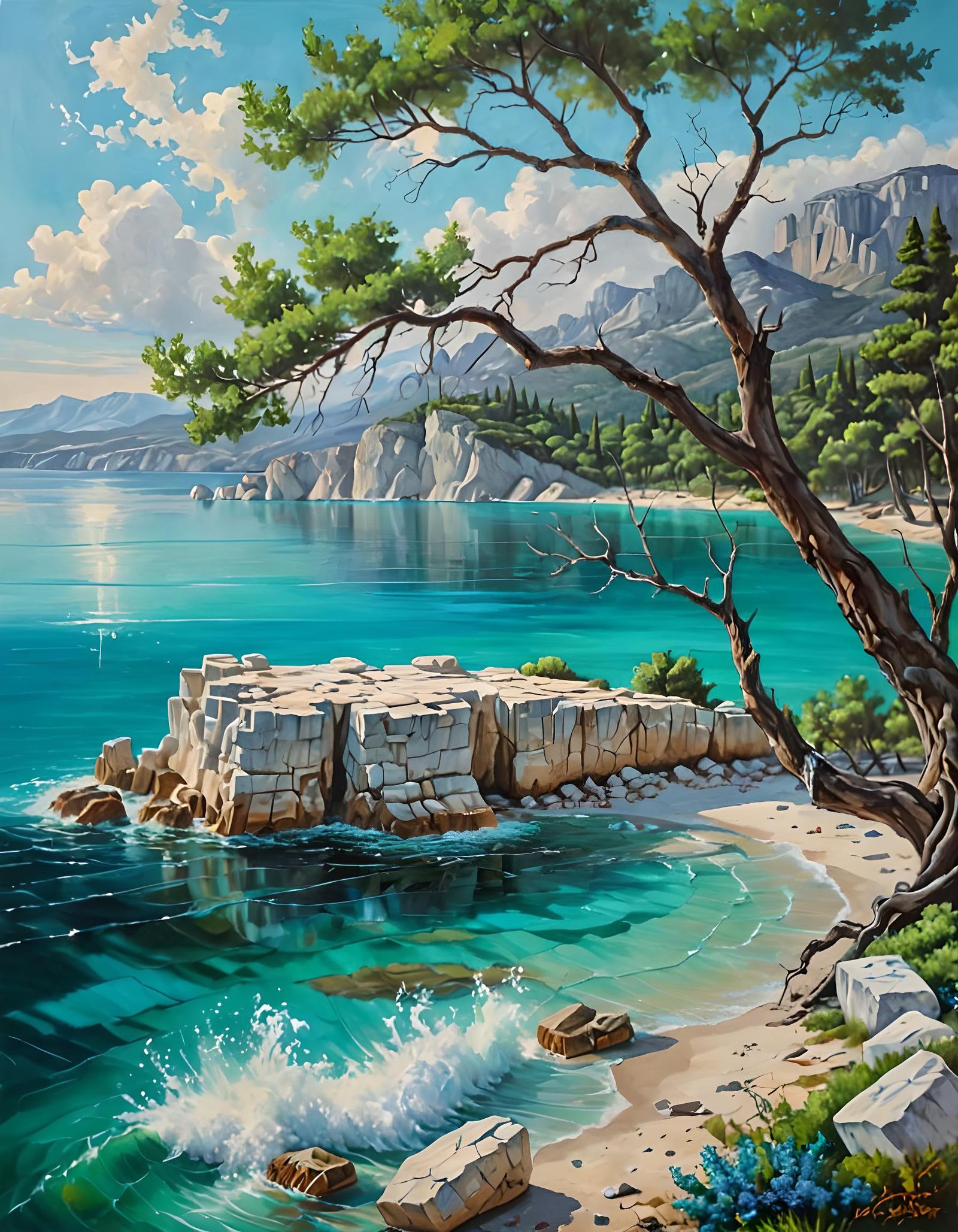 Ancient Greek Landscape with Turquoise Lake and Emerald Fore...