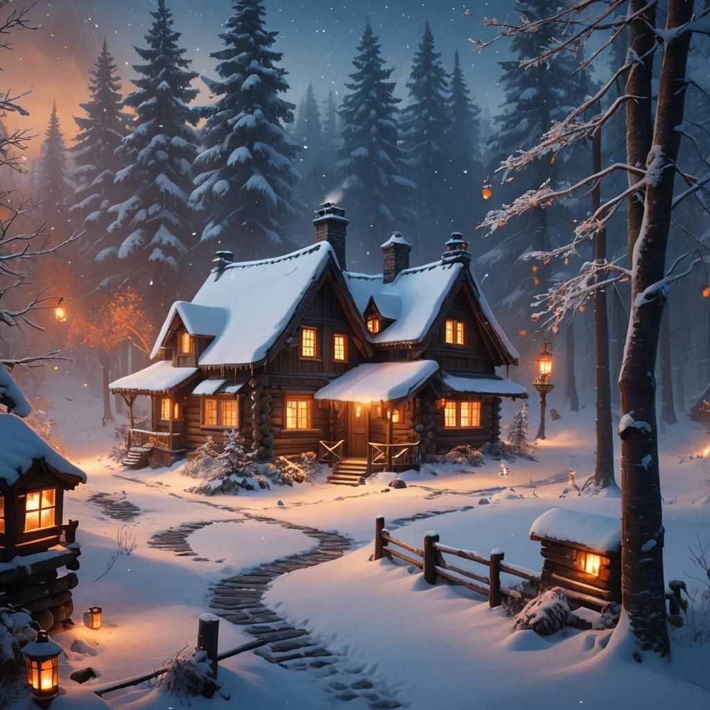 Snowy Cabin in Forest: Fantasy Matte Painting
