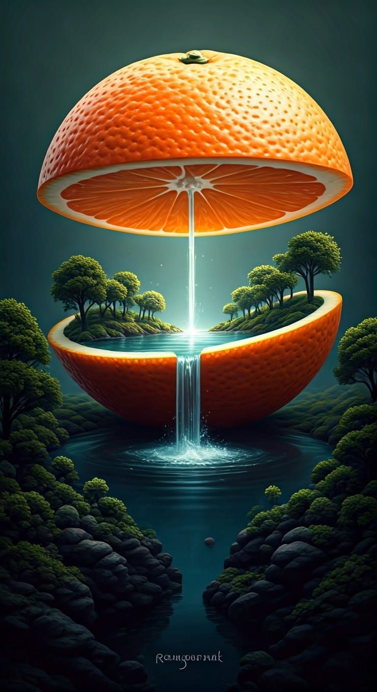 Surreal Digital Artwork with Floating Orange and Miniature L...
