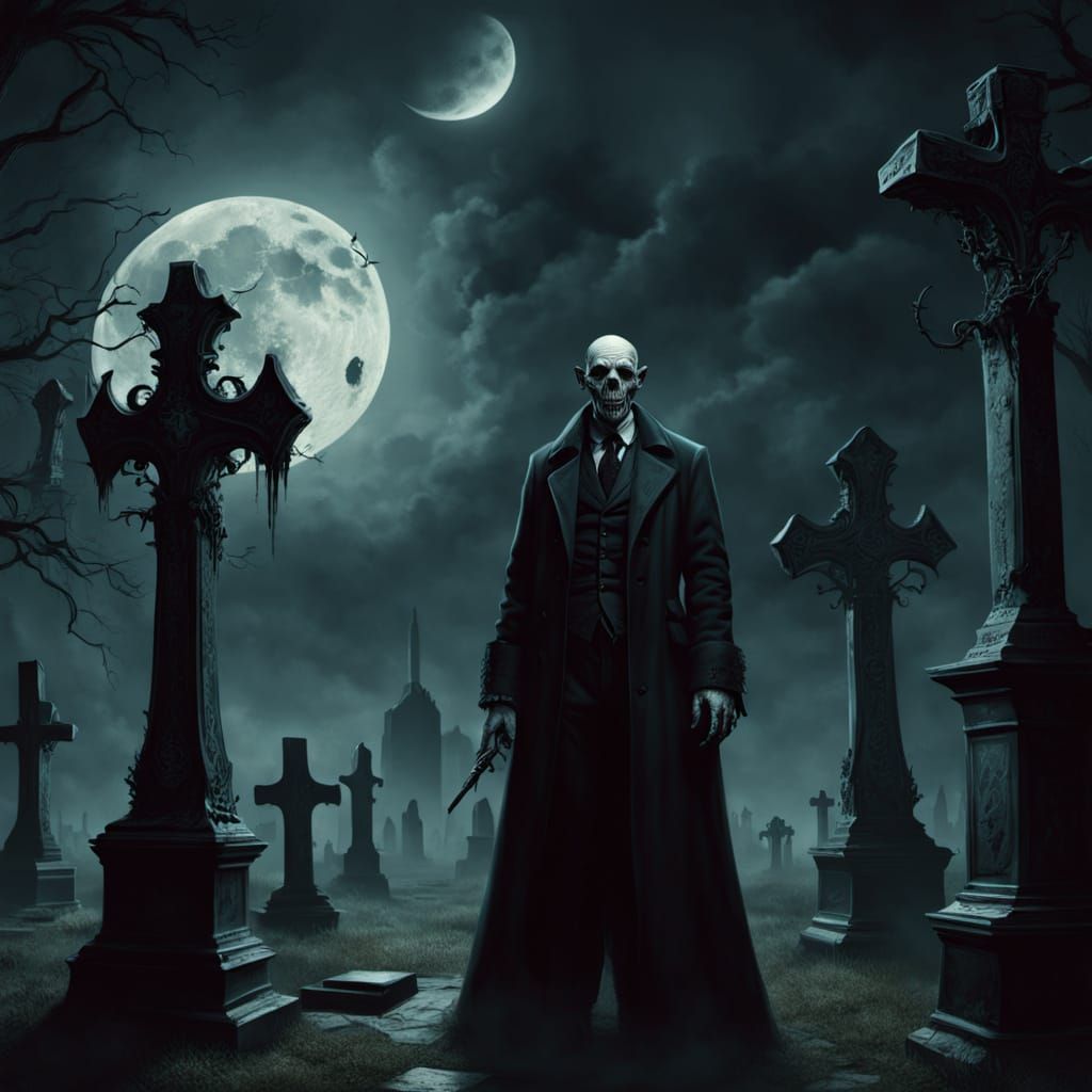 Gothic Horror Cemetery Scene with Sinister Vapor Faces