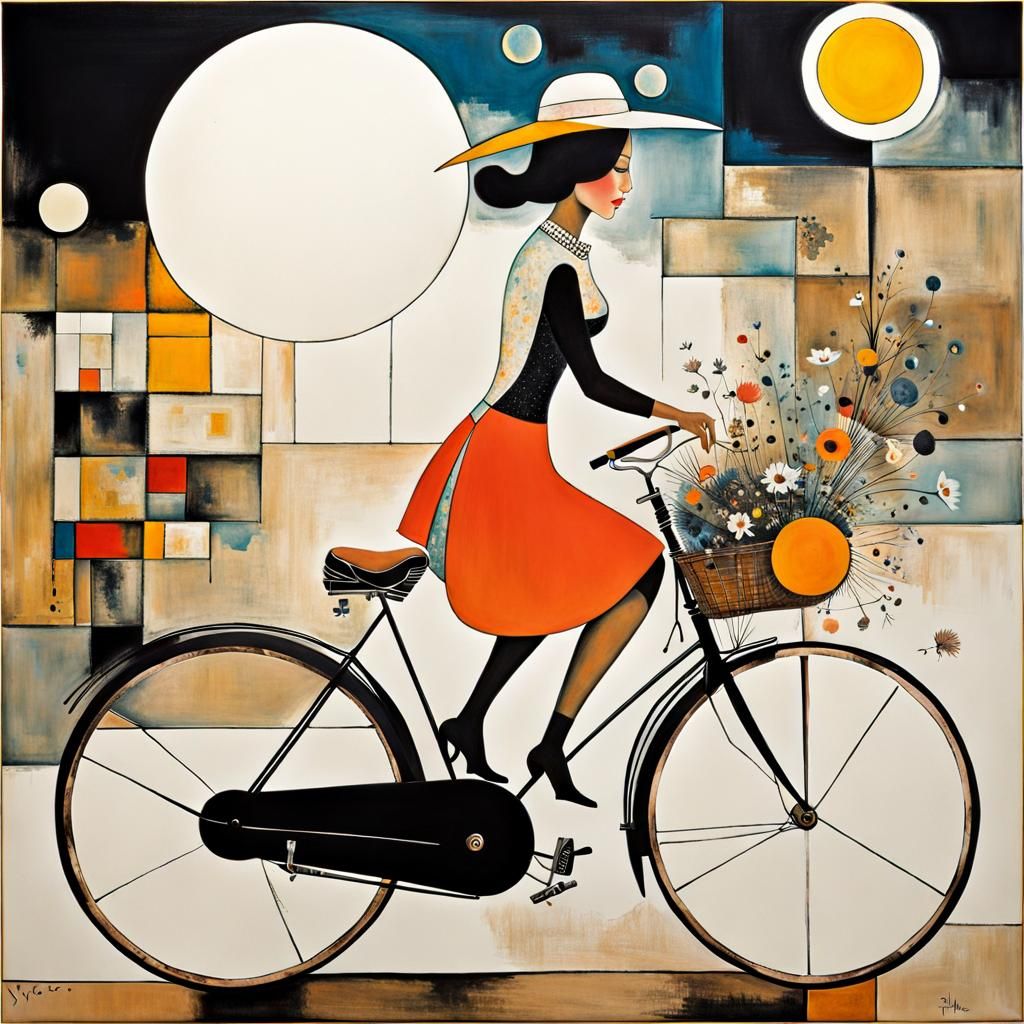 Girl on Bike in Cosmos: Surrealist Style