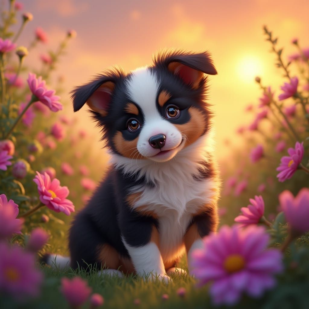 Border Collie Puppy in Dreamlike Flower Garden